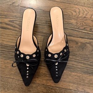 Black Pointed Toe Slip-On Mules with Eyelet Detail